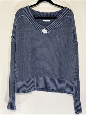 American Eagle Outfitters Women's V-Neck Knit Sweater - Dusty Steel Blue